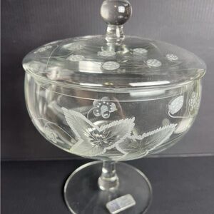 Etched Romanian Glass Covered Compote with Floral Motif